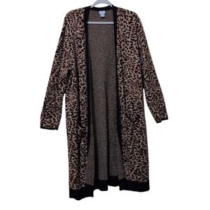Chico's Long Line Animal Leopard Print Open Front Cardigan duster size 4/ XXL